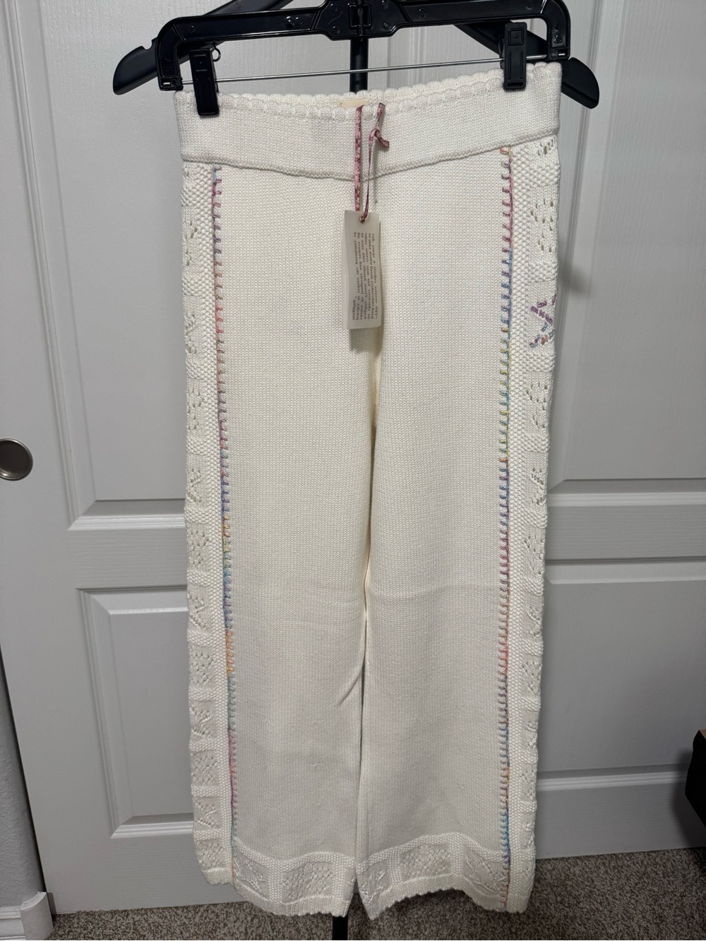 LoveShackFancy Cream Knit Wide-Leg Joggers with Pastel Trim